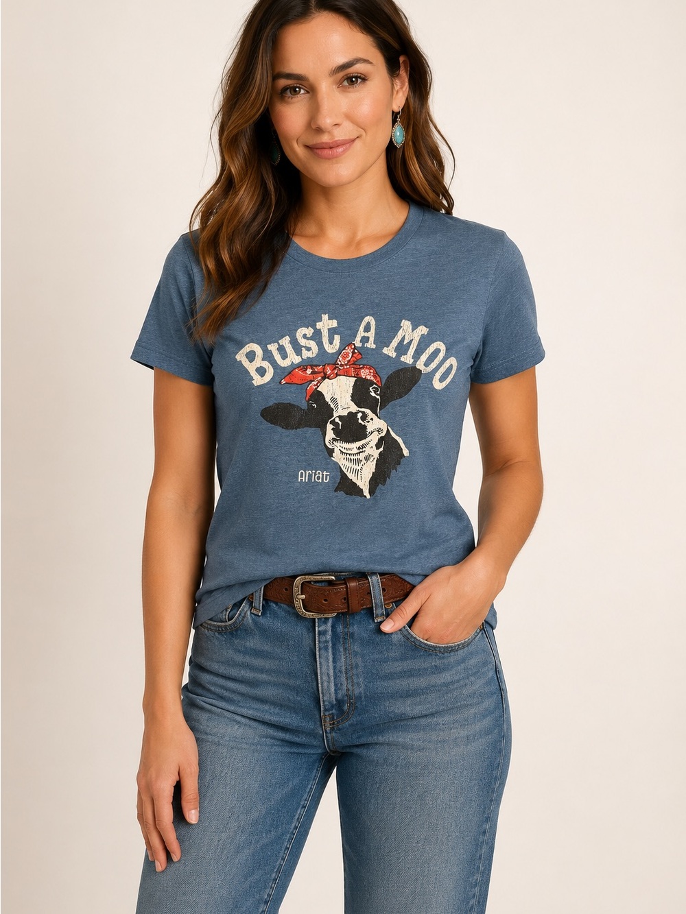 Ariat Bust A Moo Cow Graphic Tee Blue Western Cowgirl Rodeo Shirt Size S